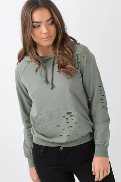 Rebellious Fashion Khaki Distressed Hoodie - Kiera