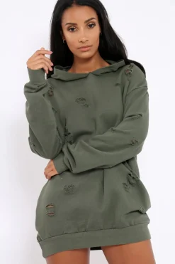 Rebellious Fashion Khaki Distressed Oversized Hoodie - Khloe