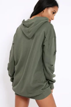 Rebellious Fashion Khaki Distressed Oversized Hoodie - Khloe