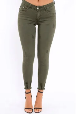 Rebellious Fashion Khaki Distressed Skinny Jeans - Isabellah