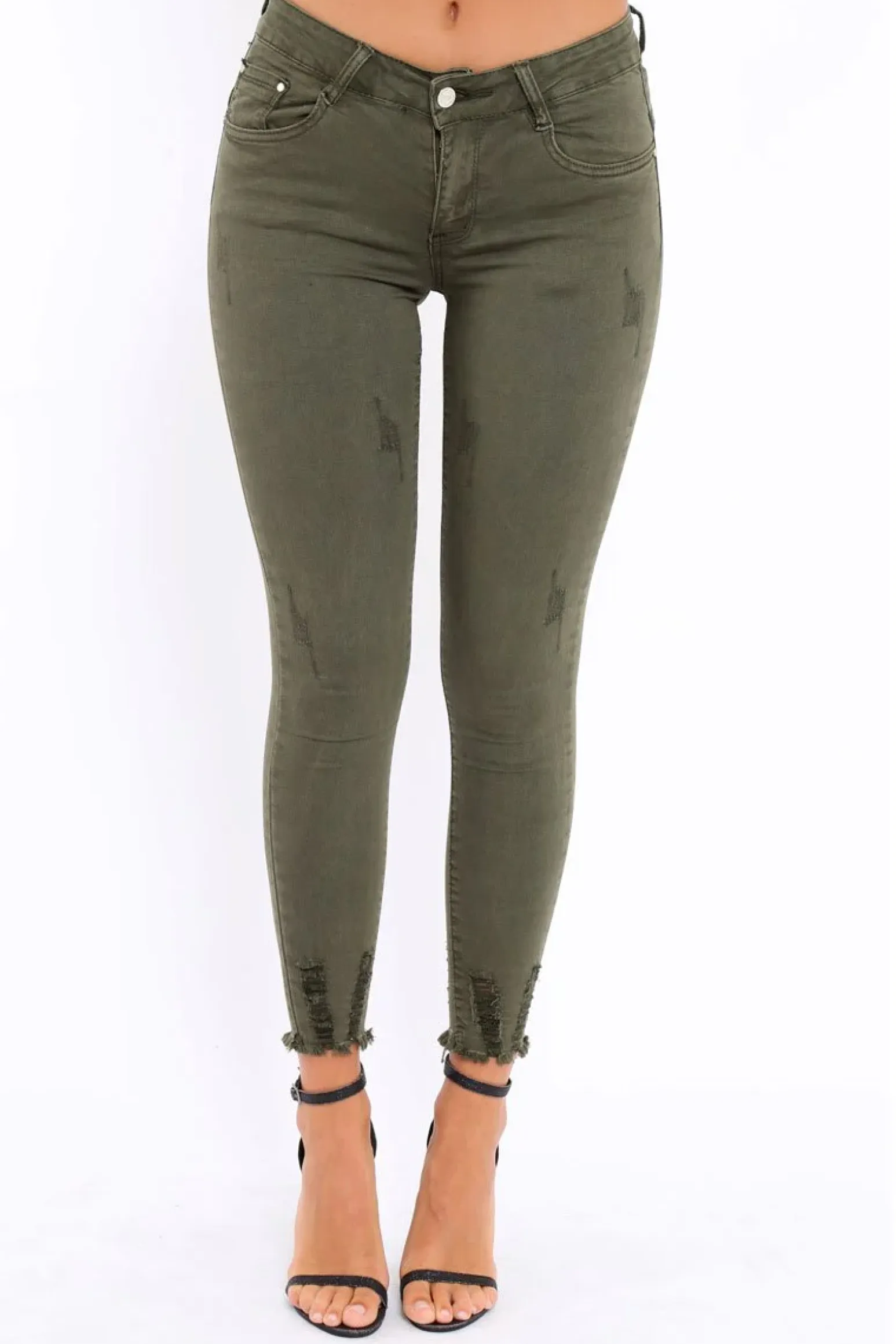 Rebellious Fashion Khaki Distressed Skinny Jeans - Isabellah