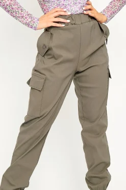 Rebellious Fashion Khaki Elasticated Waist Cargo Trousers - Yalina