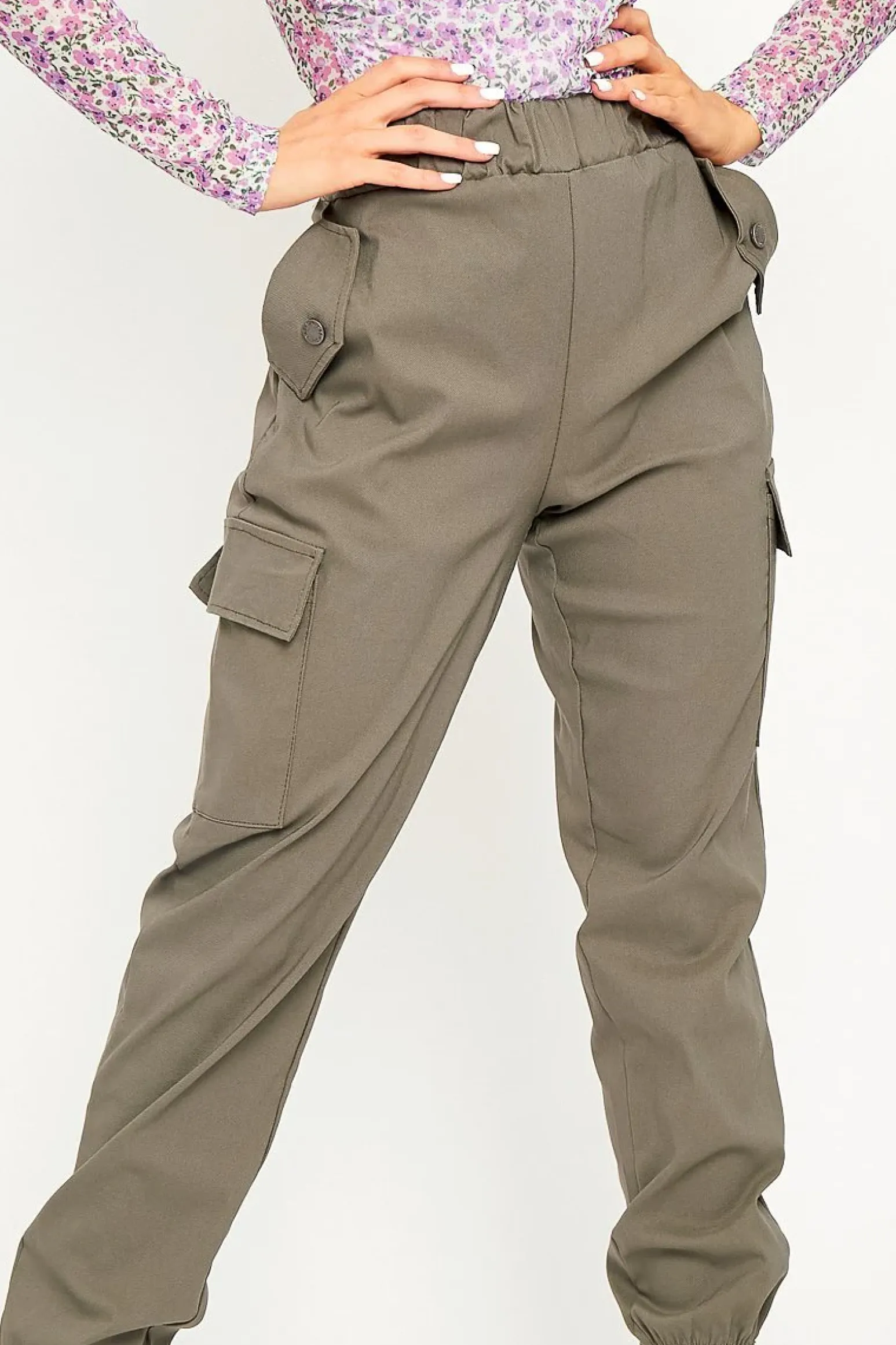 Rebellious Fashion Khaki Elasticated Waist Cargo Trousers - Yalina