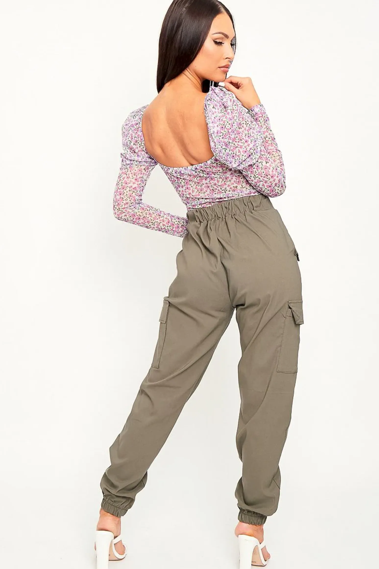 Rebellious Fashion Khaki Elasticated Waist Cargo Trousers - Yalina