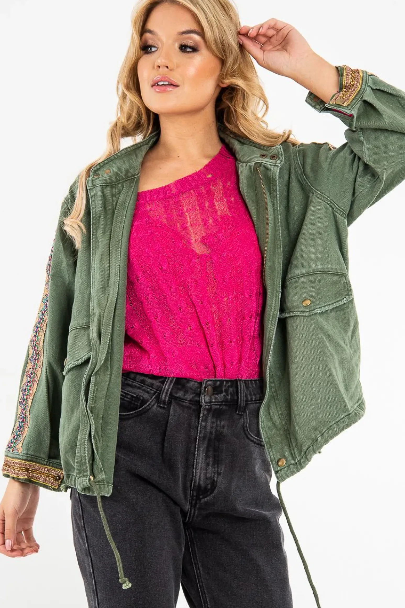 Rebellious Fashion Khaki Embroidered Sleeve Detail Denim Parka Jacket - Kaori