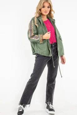 Rebellious Fashion Khaki Embroidered Sleeve Detail Denim Parka Jacket - Kaori