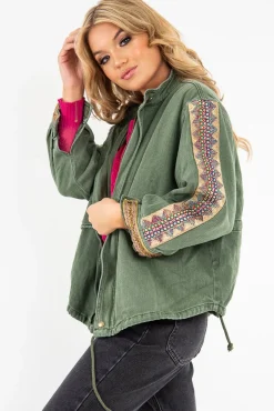Rebellious Fashion Khaki Embroidered Sleeve Detail Denim Parka Jacket - Kaori