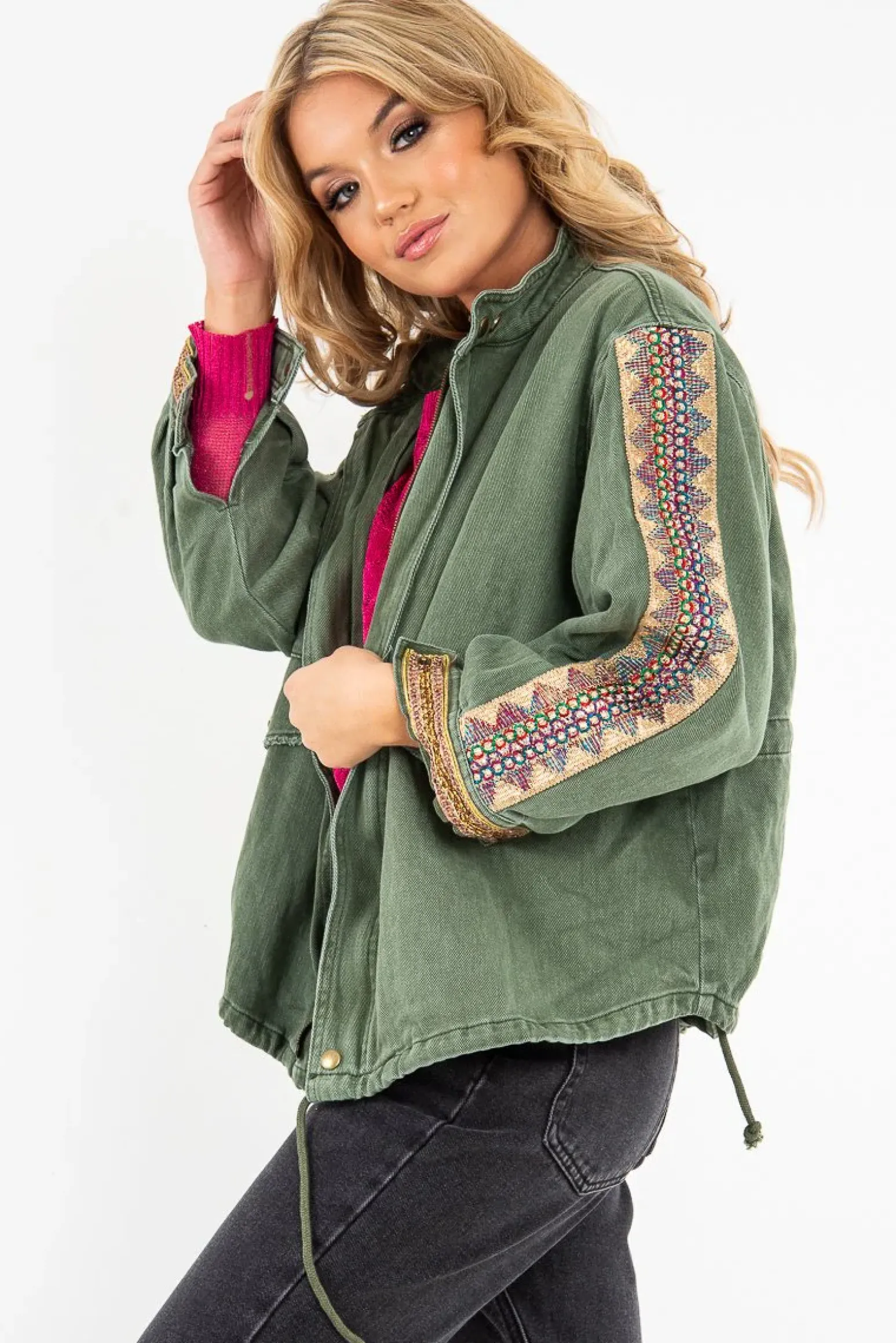 Rebellious Fashion Khaki Embroidered Sleeve Detail Denim Parka Jacket - Kaori