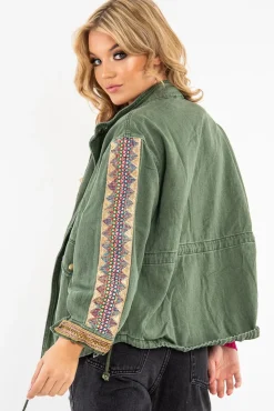 Rebellious Fashion Khaki Embroidered Sleeve Detail Denim Parka Jacket - Kaori