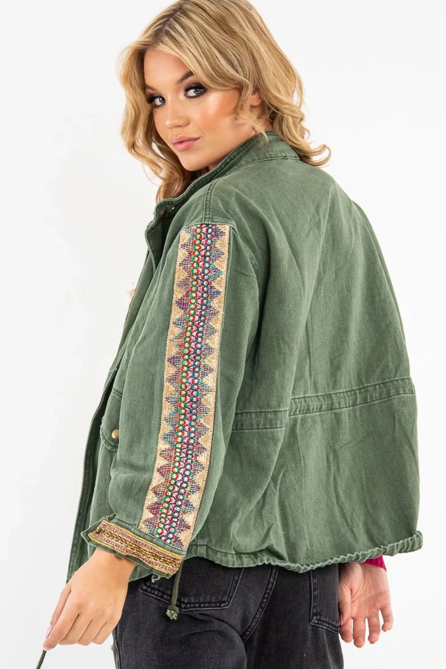 Rebellious Fashion Khaki Embroidered Sleeve Detail Denim Parka Jacket - Kaori