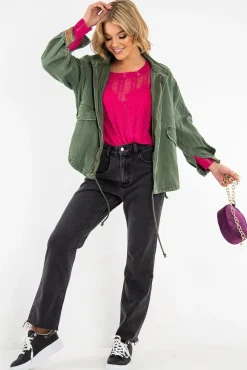 Rebellious Fashion Khaki Embroidered Sleeve Detail Denim Parka Jacket - Kaori
