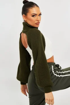Rebellious Fashion Khaki Extreme Cut Out High Neck Jumper - Nihara