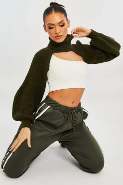 Rebellious Fashion Khaki Extreme Cut Out High Neck Jumper - Nihara