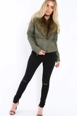 Rebellious Fashion Khaki Faux Leather Biker Jacket with Fur Collar - Lindy