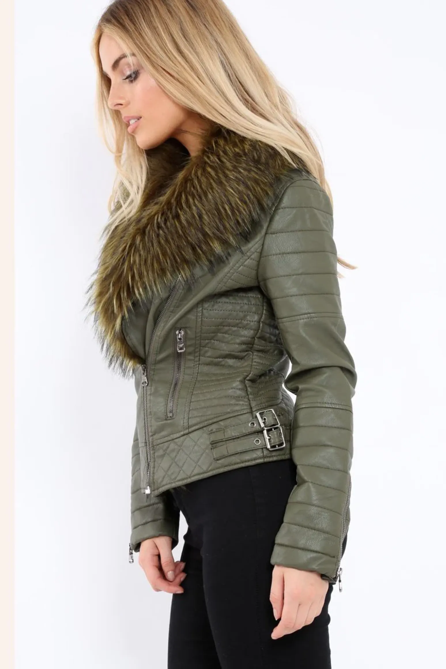 Rebellious Fashion Khaki Faux Leather Biker Jacket with Fur Collar - Lindy