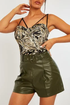 Rebellious Fashion Khaki Faux Leather Buckle Belt Shorts - Tamra