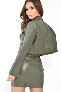 Rebellious Fashion Khaki Faux Leather Contrast Stitch Trucker Jacket- Laianna