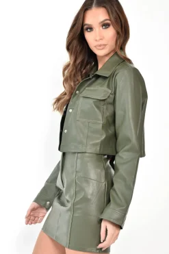 Rebellious Fashion Khaki Faux Leather Contrast Stitch Trucker Jacket- Laianna