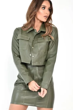Rebellious Fashion Khaki Faux Leather Contrast Stitch Trucker Jacket- Laianna