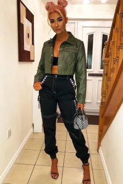 Rebellious Fashion Khaki Faux Leather Contrast Stitch Trucker Jacket- Laianna
