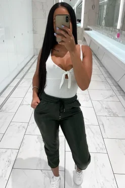 Rebellious Fashion Khaki Faux Leather Drawstring Waist Joggers - Persia