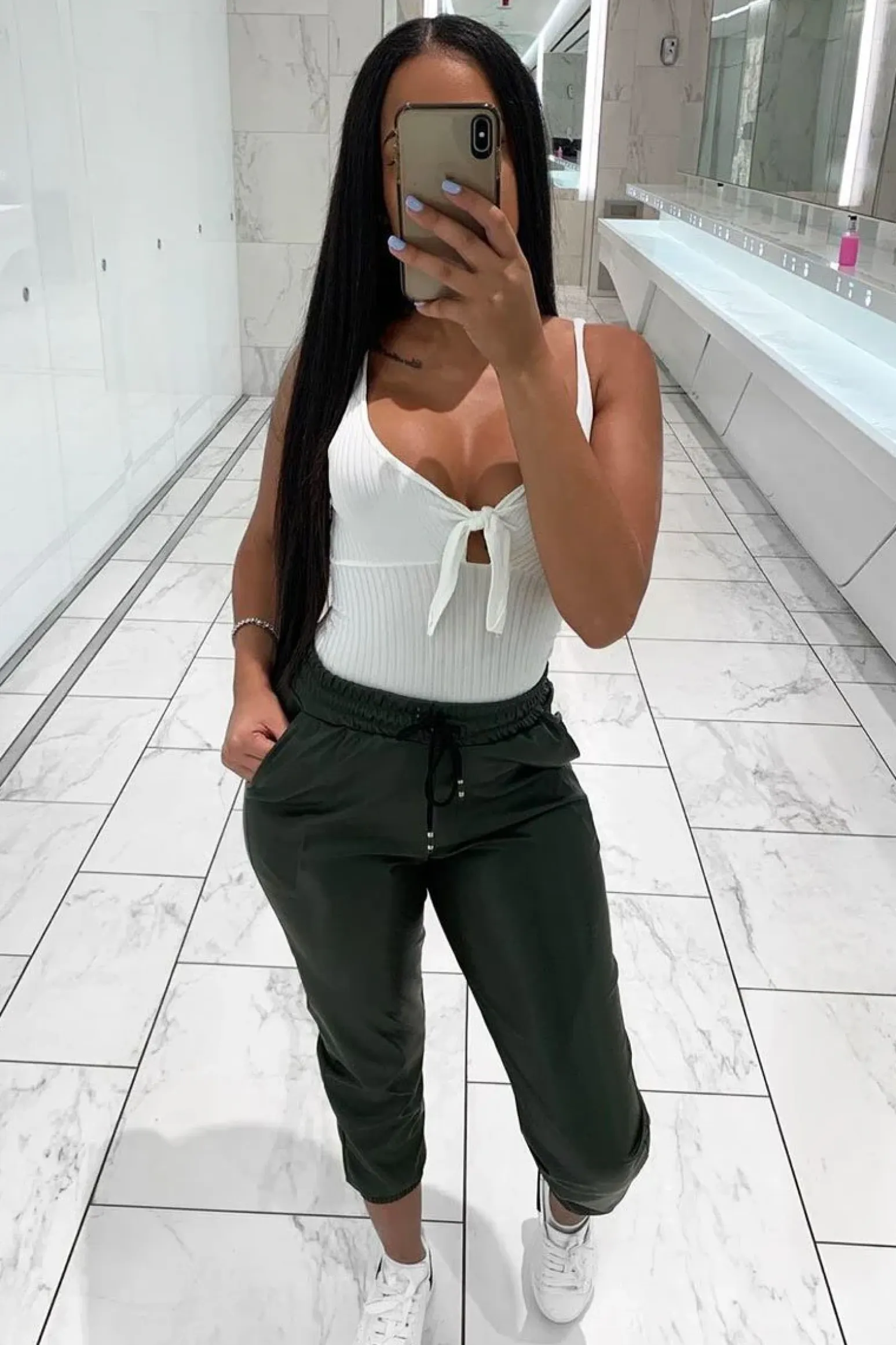Rebellious Fashion Khaki Faux Leather Drawstring Waist Joggers - Persia