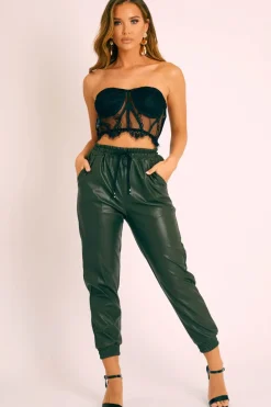 Rebellious Fashion Khaki Faux Leather Drawstring Waist Joggers - Persia
