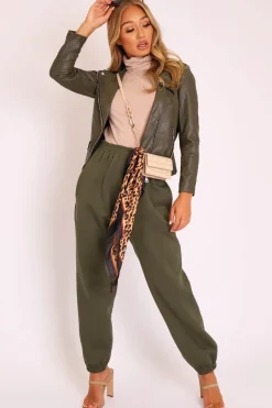 Rebellious Fashion Khaki Faux Leather Pocket Detail Zip Front Jacket - Lara