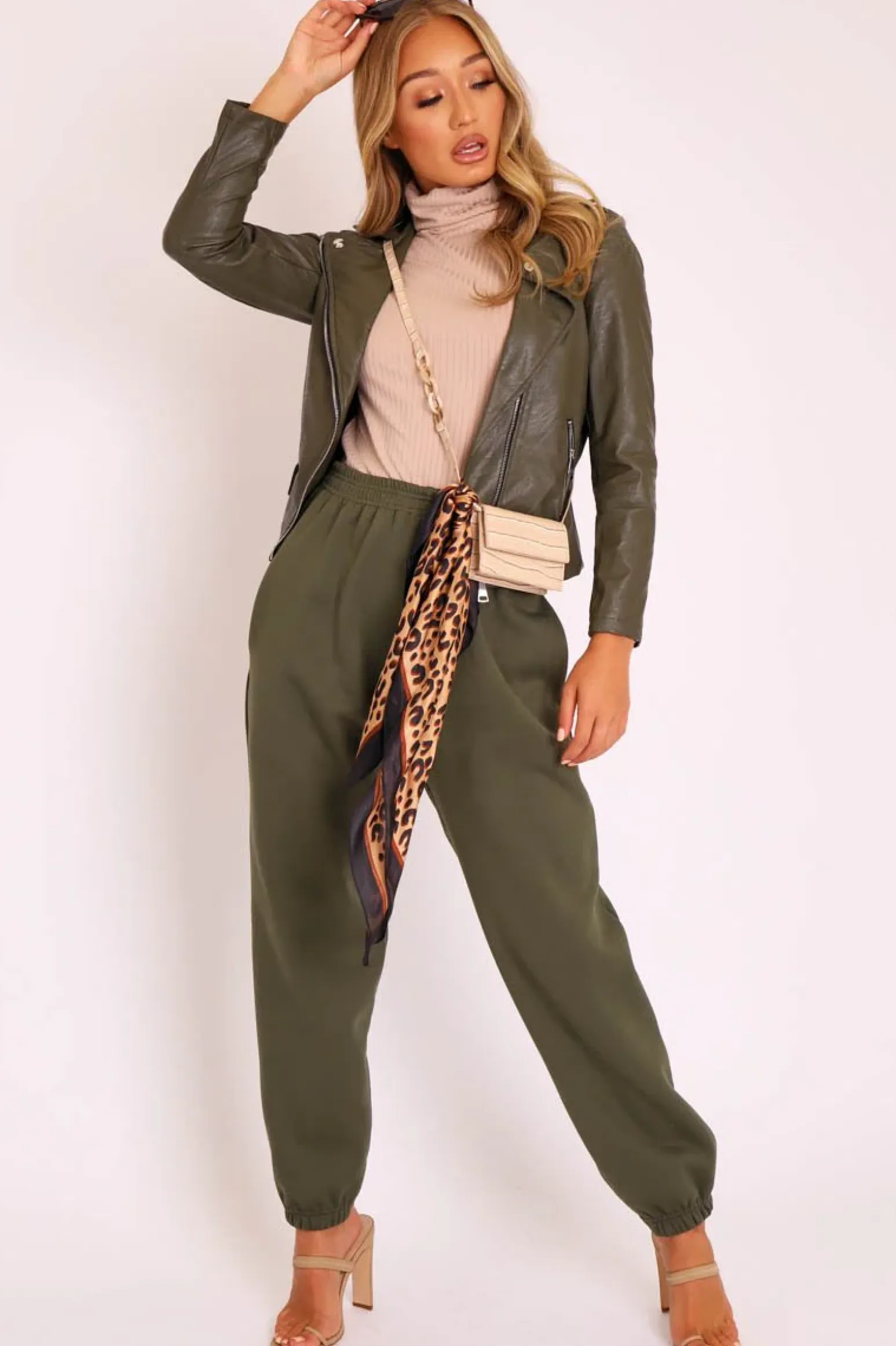 Rebellious Fashion Khaki Faux Leather Pocket Detail Zip Front Jacket - Lara