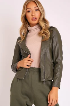 Rebellious Fashion Khaki Faux Leather Pocket Detail Zip Front Jacket - Lara