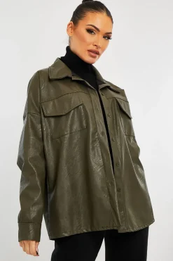 Rebellious Fashion Khaki Faux Leather Shacket - Leiyah