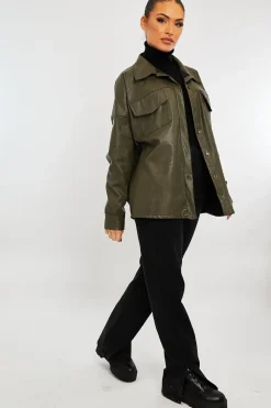 Rebellious Fashion Khaki Faux Leather Shacket - Leiyah