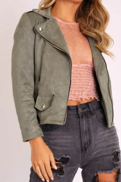 Rebellious Fashion Khaki Faux Suede Zip Front Biker Jacket - Isadora