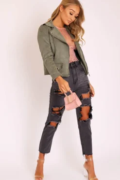 Rebellious Fashion Khaki Faux Suede Zip Front Biker Jacket - Isadora