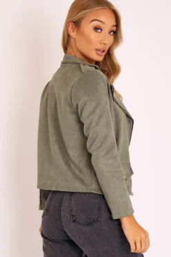 Rebellious Fashion Khaki Faux Suede Zip Front Biker Jacket - Isadora