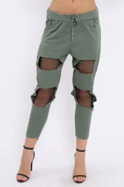 Rebellious Fashion Khaki Fish Net Panel Detail Joggers - Mikaela