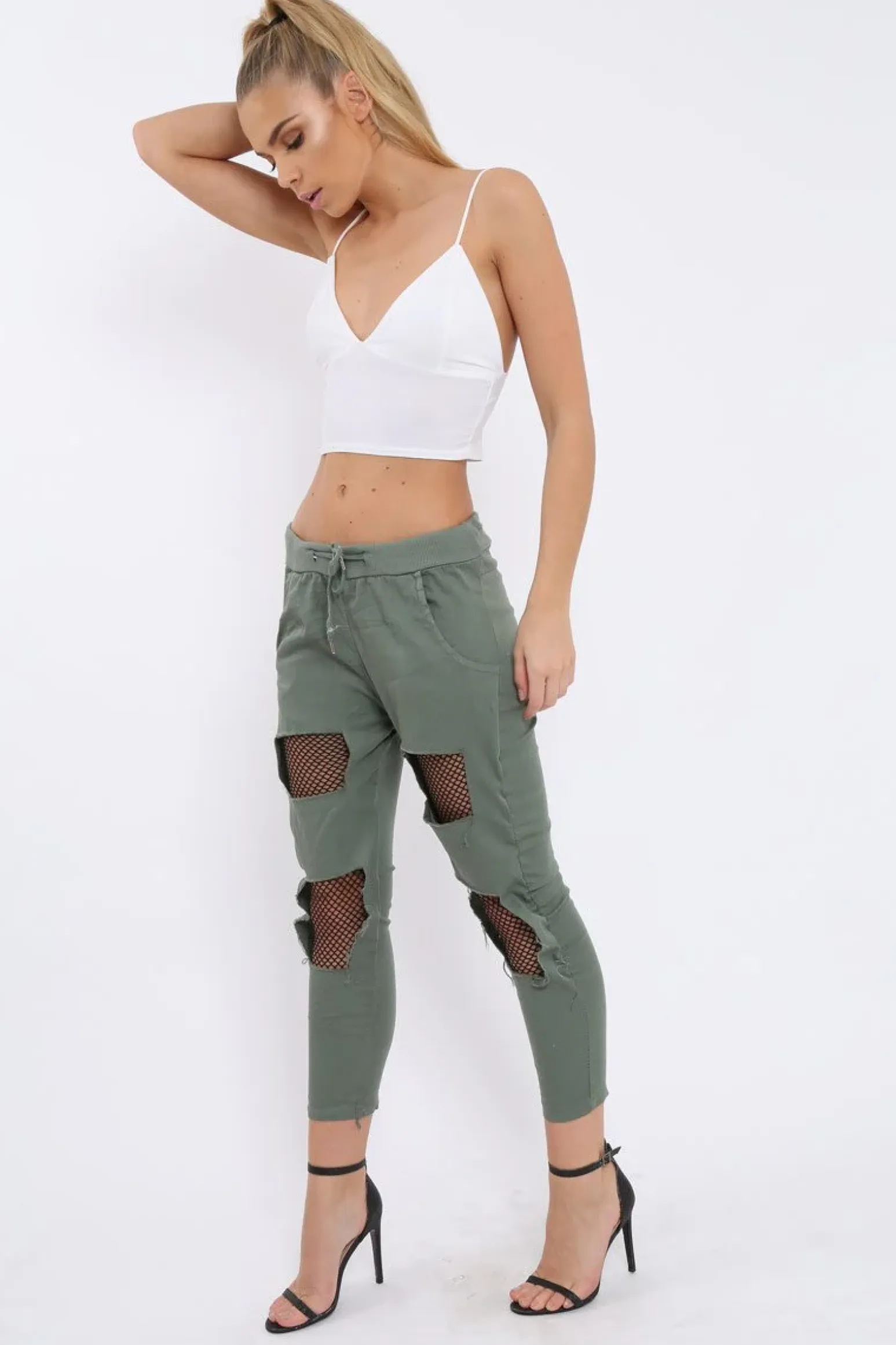 Rebellious Fashion Khaki Fish Net Panel Detail Joggers - Mikaela