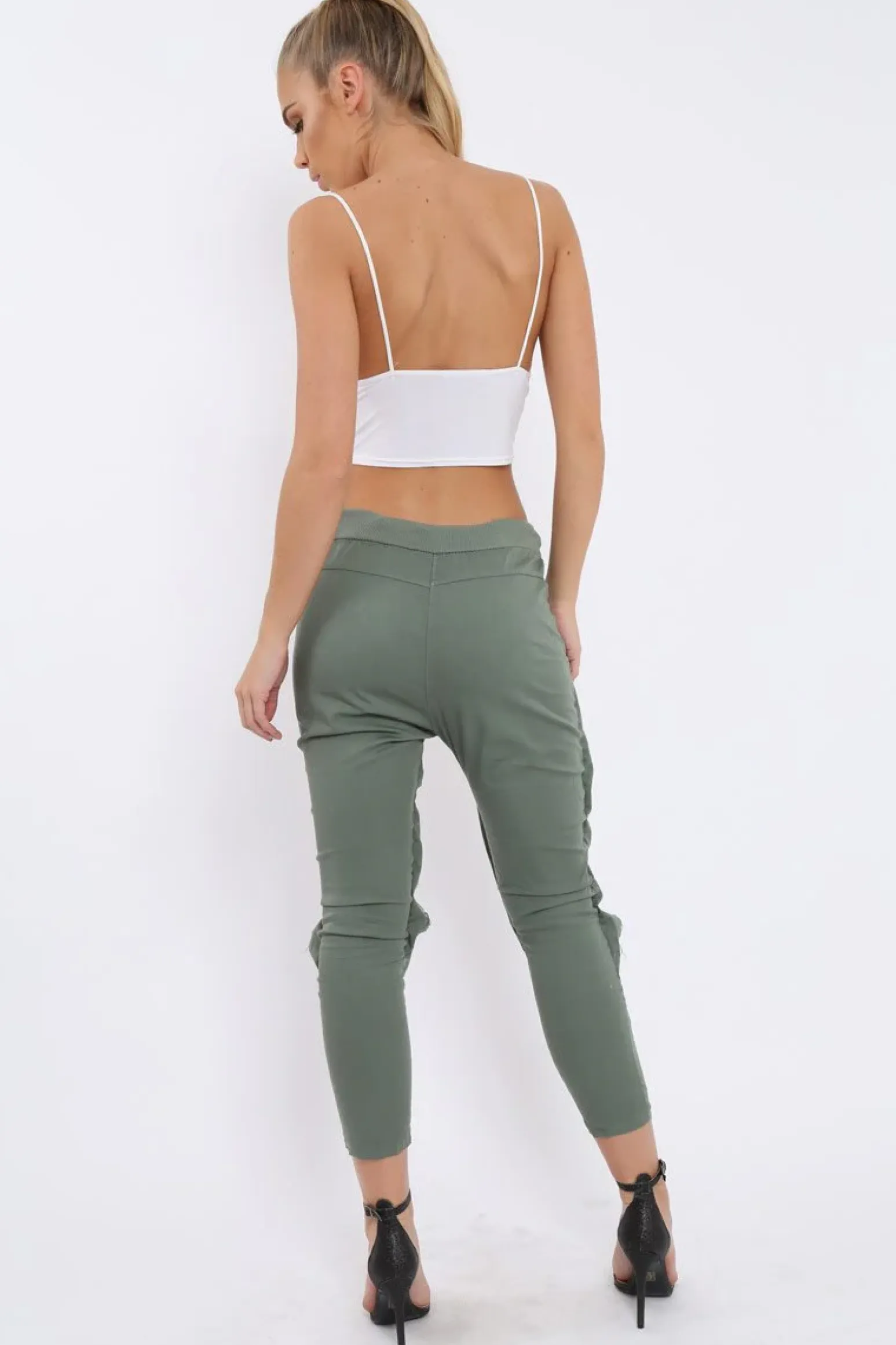 Rebellious Fashion Khaki Fish Net Panel Detail Joggers - Mikaela