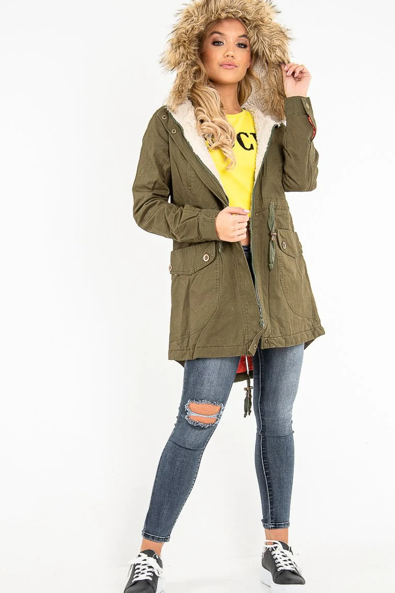 Rebellious Fashion Khaki Fleece Lined Faux Fur Hood Parka Coat - Kiyomi