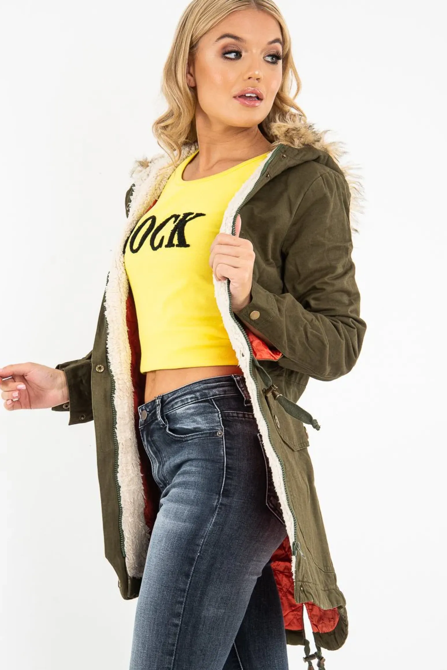 Rebellious Fashion Khaki Fleece Lined Faux Fur Hood Parka Coat - Kiyomi