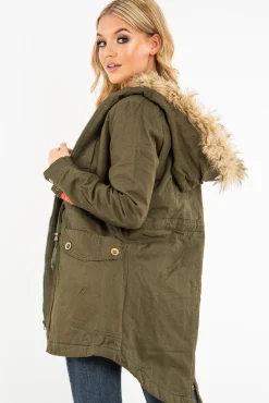 Rebellious Fashion Khaki Fleece Lined Faux Fur Hood Parka Coat - Kiyomi