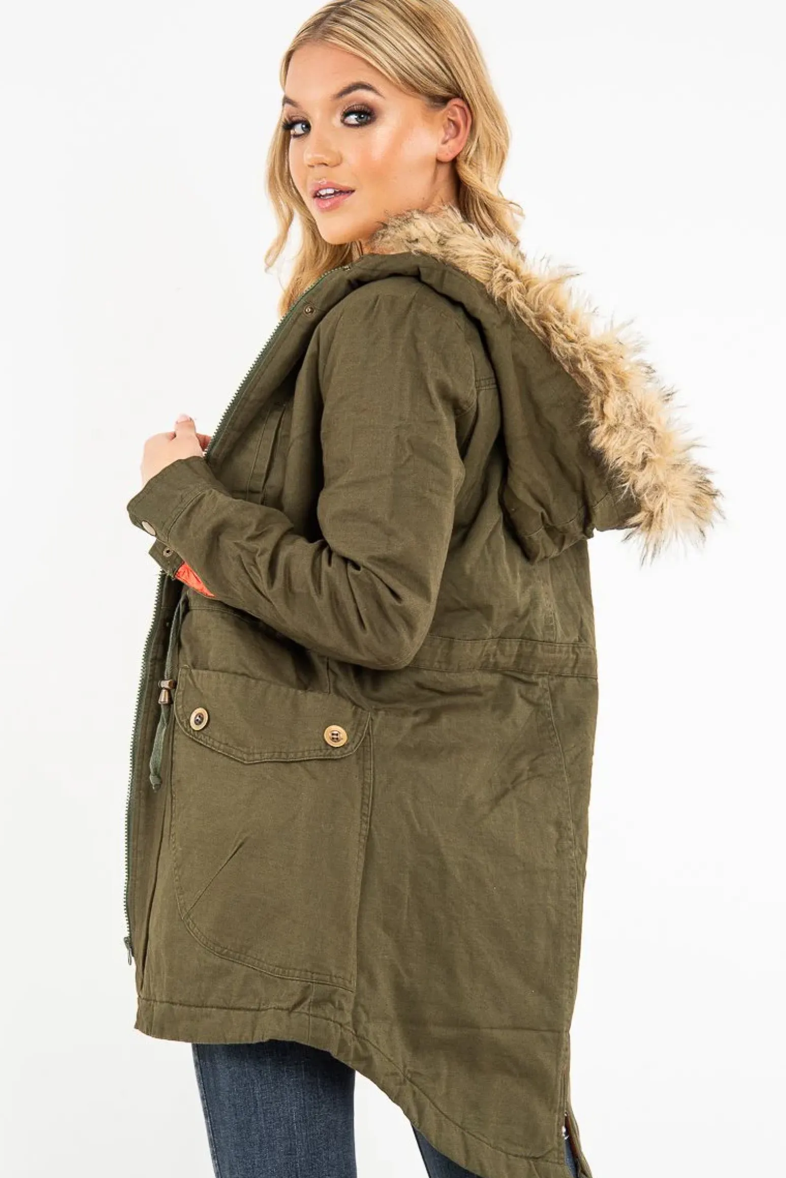 Rebellious Fashion Khaki Fleece Lined Faux Fur Hood Parka Coat - Kiyomi