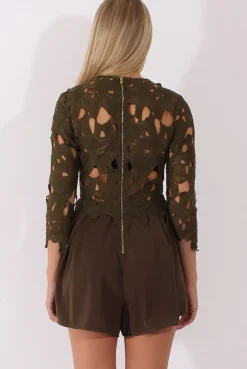 Rebellious Fashion Khaki Floral Crochet Playsuit - Agatha