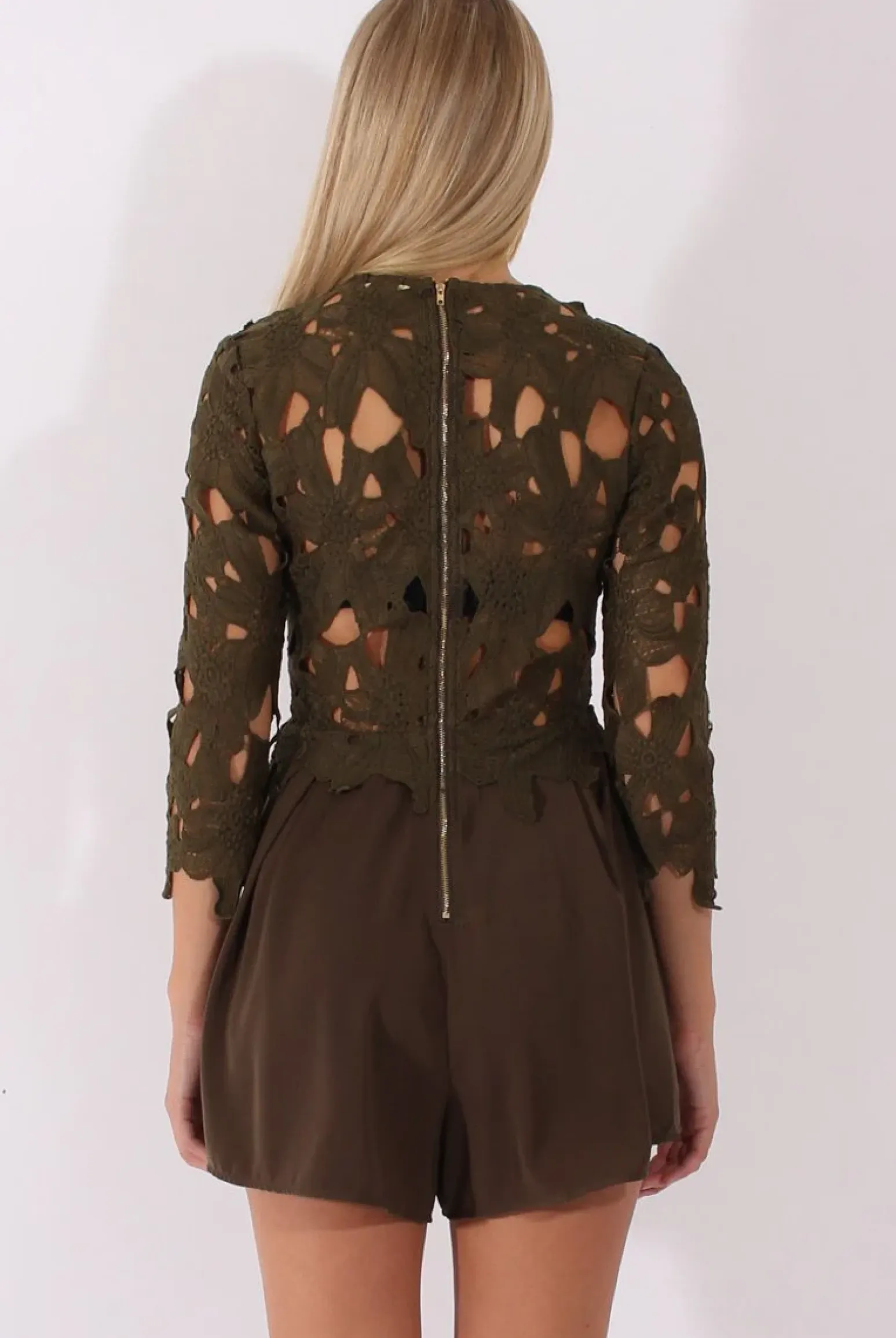 Rebellious Fashion Khaki Floral Crochet Playsuit - Agatha