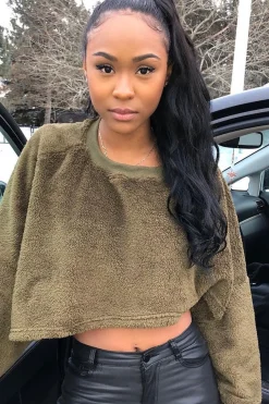 Rebellious Fashion Khaki Fluffy Long Sleeve Crop Jumper - Noura