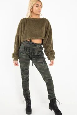 Rebellious Fashion Khaki Fluffy Long Sleeve Crop Jumper - Noura