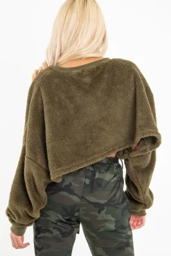 Rebellious Fashion Khaki Fluffy Long Sleeve Crop Jumper - Noura