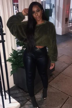 Rebellious Fashion Khaki Fluffy Long Sleeve Crop Jumper - Noura