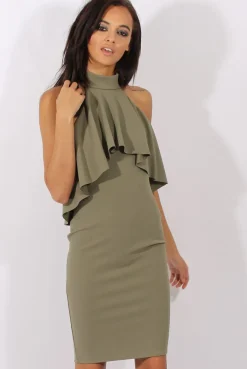 Rebellious Fashion Khaki Frill Choker Midi Dress - Angela