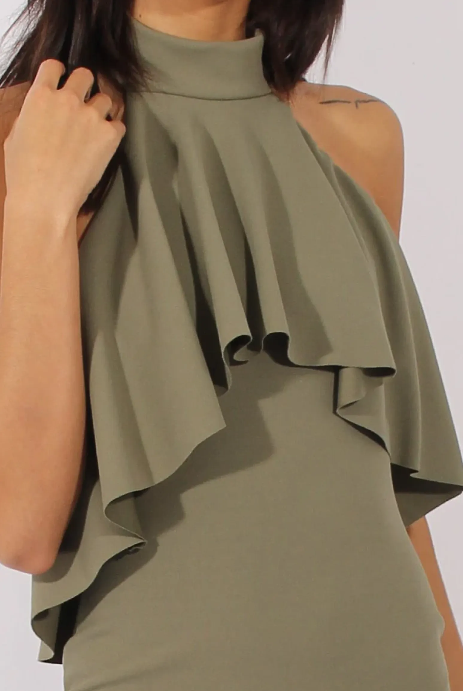 Rebellious Fashion Khaki Frill Choker Midi Dress - Angela